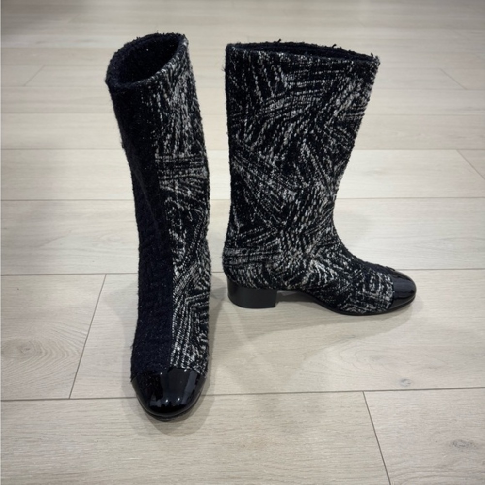 CHANEL Two Tone Tweed Boots 37.5